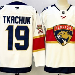 Men's Florida Panthers #19 Matthew Tkachuk White 2024-25 Home With A Patch Stitched Hockey Jersey