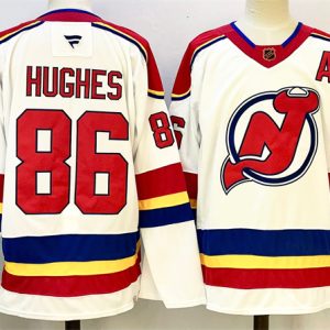 Men's New Jersey Devils #86 Jack Hughes White Red 2024-25 With A Patch Stitched Hockey Jersey