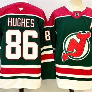 Men's New Jersey Devils #86 Jack Hughes Green Red 2024-25 With A Patch Stitched Hockey Jersey