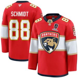 Men's Florida Panthers #88 Nate Schmidt Red Home 2025 Stanley Cup Champions Patch Stitched Jersey