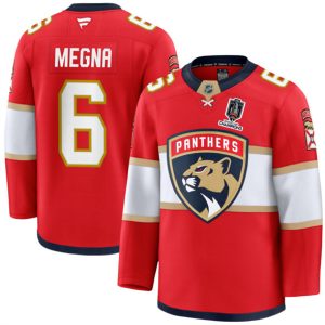 Men's Florida Panthers #6 Jaycob Megna Red Home 2025 Stanley Cup Champions Patch Stitched Jersey
