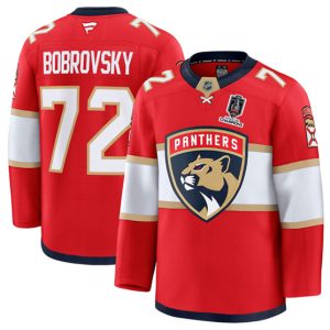 Men's Florida Panthers #72 Sergei Bobrovsky Red Home 2025 Stanley Cup Champions Patch Stitched Hockey Jersey