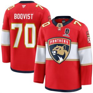 Men's Florida Panthers #70 Jesper Boqvist Red Home 2025 Stanley Cup Champions Patch Stitched Jersey