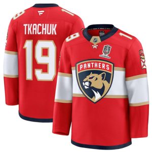 Men's Florida Panthers #19 Matthew Tkachuk Red Home 2025 Stanley Cup Champions Patch Stitched Hockey Jersey