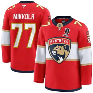 Men's Florida Panthers #77 Niko Mikkola Red Home 2025 Stanley Cup Champions Patch Stitched Jersey