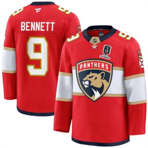 Men's Florida Panthers #9 Sam Bennett Red Home 2025 Stanley Cup Champions Patch Stitched Hockey Jersey