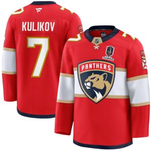 Men's Florida Panthers #7 Dmitry Kulikov Red Home 2025 Stanley Cup Champions Patch Stitched Jersey