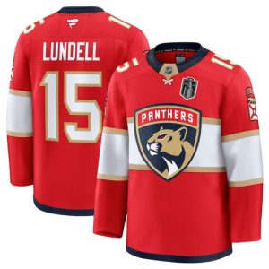 Men's Florida Panthers #15 Anton Lundell Red 2025 Stanley Cup Final Patch Stitched Hockey Jersey