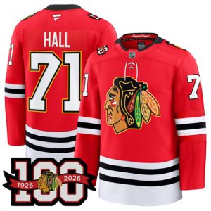 Men's Chicago Blackhawks #71 Taylor Hall Red 2025 Home 100th Anniversary Stitched Hockey Jersey