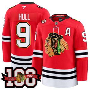 Men's Chicago Blackhawks #9 Bobby Hull Red 2025 Home 100th Anniversary Stitched Hockey Jersey