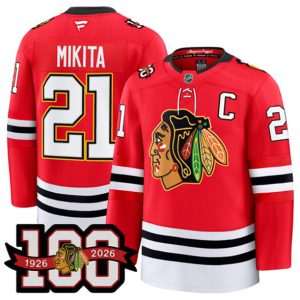Men's Chicago Blackhawks #21 Stan Mikita Red 2025 Home 100th Anniversary Stitched Hockey Jersey
