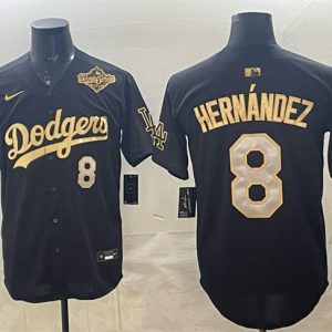 Men's Los Angeles Dodgers #8 Enrique Hern?ndez Black Gold 2025 World Series Patch Limited Stitched Baseball Jersey