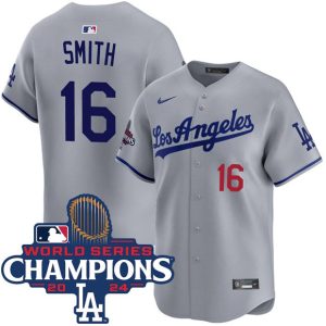 Men's Los Angeles Dodgers #16 Will Smith Gray 2024 World Series Champions Patch Limited Stitched Baseball Jersey