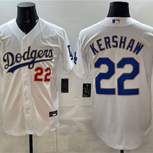Men's Los Angeles Dodgers #22 Clayton Kershaw White 2025 World Series Champions Patch Stitched Baseball Jersey