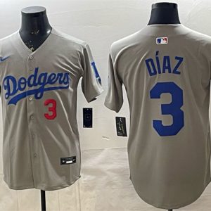 Mens Los Angeles Dodgers #3 Edwin D?az Grey With 2025 World Series Champions Patch Limited Stitched Baseball Jersey