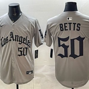 Men's Los Angeles Dodgers #50 Mookie Betts Grey LA Gothic Style With 2025 World Series Champions Patch Limited Stitched Baseball Jersey