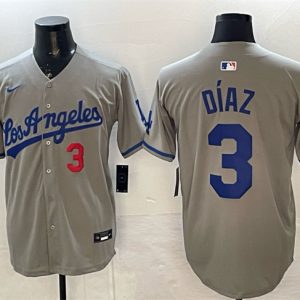 Men's Los Angeles Dodgers #3 Edwin D?az Grey With 2025 World Series Champions Patch Limited Stitched Baseball Jersey