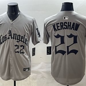 Men's Los Angeles Dodgers #22 Clayton Kershaw Grey LA Gothic Style With 2025 World Series Champions Patch Limited Stitched Baseball Jersey