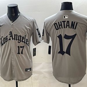 Men's Los Angeles Dodgers #17 Shohei Ohtani Grey LA Gothic Style With 2025 World Series Champions Patch Limited Stitched Baseball Jersey