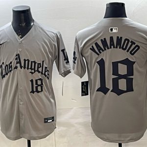 Men's Los Angeles Dodgers #18 Yoshinobu Yamamoto Grey LA Gothic Style With 2025 World Series Champions Patch Limited Stitched Baseball Jersey
