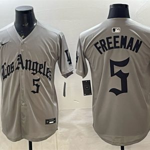 Men's Los Angeles Dodgers #5 Freddie Freeman Grey LA Gothic Style With 2025 World Series Champions Patch Limited Stitched Baseball Jersey