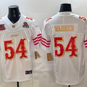 Men's San Francisco 49ers #54 Fred Warner White Gold 2025 F.U.S.E. ?Rivalries? 5x Super Bowl Champions Patch Vapor Limited Stitched Football Jersey