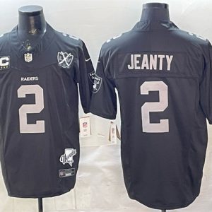 Men's Las Vegas Raiders #2 Ashton Jeanty Black 2025 Draft F.U.S.E. With 4-Star C Patch Nevada Silver Stat Patch And 65th Anniversary Patch Stitched Football Jersey
