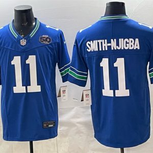 Men's Seattle Seahawks #11 Jaxon Smith-Njigba Royal 2025 F.U.S.E. 50th Season Patch Throwback Vapor Limited Football Stitched Jersey