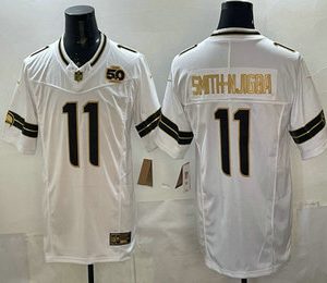 Men's Seattle Seahawks #11 Jaxon Smith-Njigba White Gold 2025 FUSE 50th Season Patch Limited Stitched Jersey