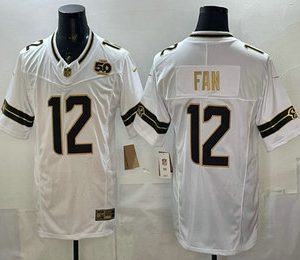 Men's Seattle Seahawks #12 Fan White Gold 2025 FUSE 50th Season Patch Limited Stitched Jersey