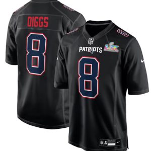 Men's New England Patriots #8 Stefon Diggs Black 2025 Super Bowl LX Patch Carbon Fashion Stitched Game Jersey