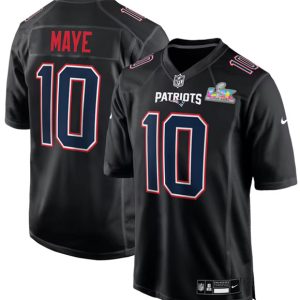 Men's New England Patriots #10 Drake Maye Black 2025 Super Bowl LX Patch Carbon Fashion Stitched Game Jersey