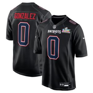 Men's New England Patriots #0 Christian Gonzalez Black 2025 Super Bowl LX Patch Carbon Fashion Stitched Game Jersey