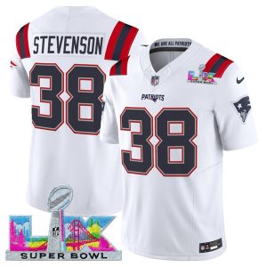 Men's New England Patriots #38 Rhamondre Stevenson White 2025 F.U.S.E. Super Bowl LX Patch Vapor Limited Football Stitched Jersey
