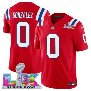 Men's New England Patriots #0 Christian Gonzalez Red 2025 F.U.S.E. Super Bowl LX Patch Vapor Limited Football Stitched Jersey