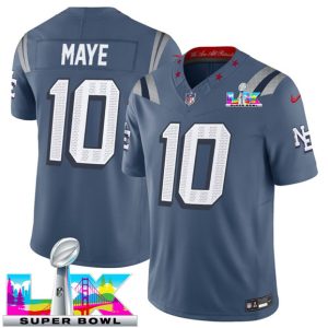 Men's New England Patriots #10 Drake Maye Storm Blue 2025 F.U.S.E. Super Bowl LX Patch ?Rivalries? Vapor Limited Football Stitched Jersey