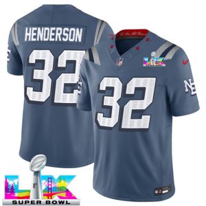 Men's New England Patriots #32 TreVeyon Henderson Storm Blue 2025 F.U.S.E. Super Bowl LX Patch ?Rivalries? Vapor Limited Football Stitched Jersey