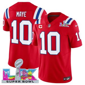 Men's New England Patriots #10 Drake Maye Red 2025 F.U.S.E. Super Bowl LX Patch And 1-Star C Patch Vapor Limited Football Stitched Jersey