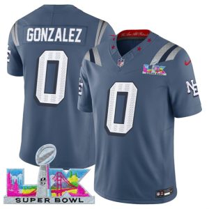 Men's New England Patriots #0 Christian Gonzalez Storm Blue 2025 F.U.S.E. Super Bowl LX Patch ?Rivalries? Vapor Limited Football Stitched Jersey