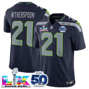 Men's Seattle Seahawks #21 Devon Witherspoon Navy 2025 F.U.S.E. Super Bowl LX Patch And 50th Season Patch Vapor Limited Football Stitched Jersey