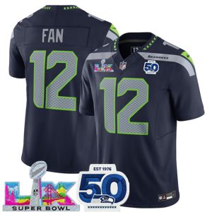 Men's Seattle Seahawks #12 Fan Navy 2025 F.U.S.E. Super Bowl LX Patch And 50th Season Patch Vapor Limited Football Stitched Jersey