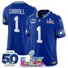 Men's Seattle Seahawks #1 Pete Carroll Royal 2025 F.U.S.E. Super Bowl LX Patch And 50th Season Patch Vapor Throwback Limited Football Stitched Jersey