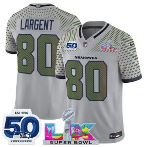 Men's Seattle Seahawks #80 Steve Largent Gray 2025 F.U.S.E. Super Bowl LX Patch And 50th Season Patch ?Rivalries? Vapor Limited Football Stitched Jersey