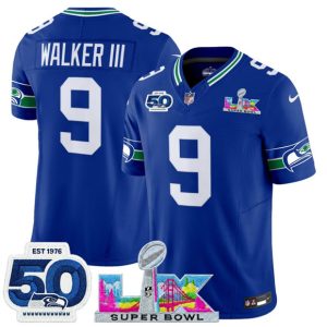 Men's Seattle Seahawks #9 Kenneth Walker III Royal 2025 F.U.S.E. Super Bowl LX Patch And 50th Season Patch Vapor Throwback Limited Football Stitched Jersey