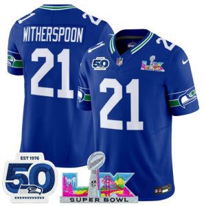 Men's Seattle Seahawks #21 Devon Witherspoon Royal 2025 F.U.S.E. Super Bowl LX Patch And 50th Season Patch Vapor Throwback Limited Football Stitched Jersey