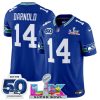 Men's Seattle Seahawks #14 Sam Darnold Royal 2025 F.U.S.E. Super Bowl LX Patch And 50th Season Patch Vapor Throwback Limited Football Stitched Jersey