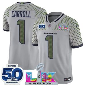 Men's Seattle Seahawks #1 Pete Carroll Gray 2025 F.U.S.E. Super Bowl LX Patch And 50th Season Patch ?Rivalries? Vapor Limited Football Stitched Jersey