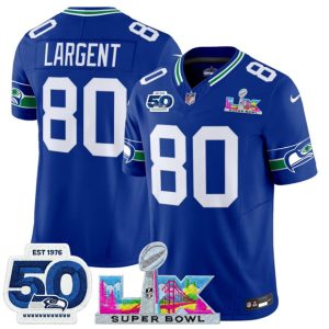 Men's Seattle Seahawks #80 Steve Largent Royal 2025 F.U.S.E. Super Bowl LX Patch And 50th Season Patch Vapor Throwback Limited Football Stitched Jersey