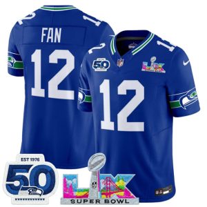 Men's Seattle Seahawks #12 Fan Royal 2025 F.U.S.E. Super Bowl LX Patch And 50th Season Patch Vapor Throwback Limited Football Stitched Jersey