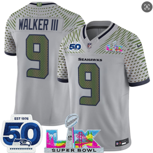 Men's Seattle Seahawks #9 Kenneth Walker III Gray 2025 F.U.S.E. Super Bowl LX Patch And 50th Season Patch ?Rivalries? Vapor Limited Football Stitched Jersey